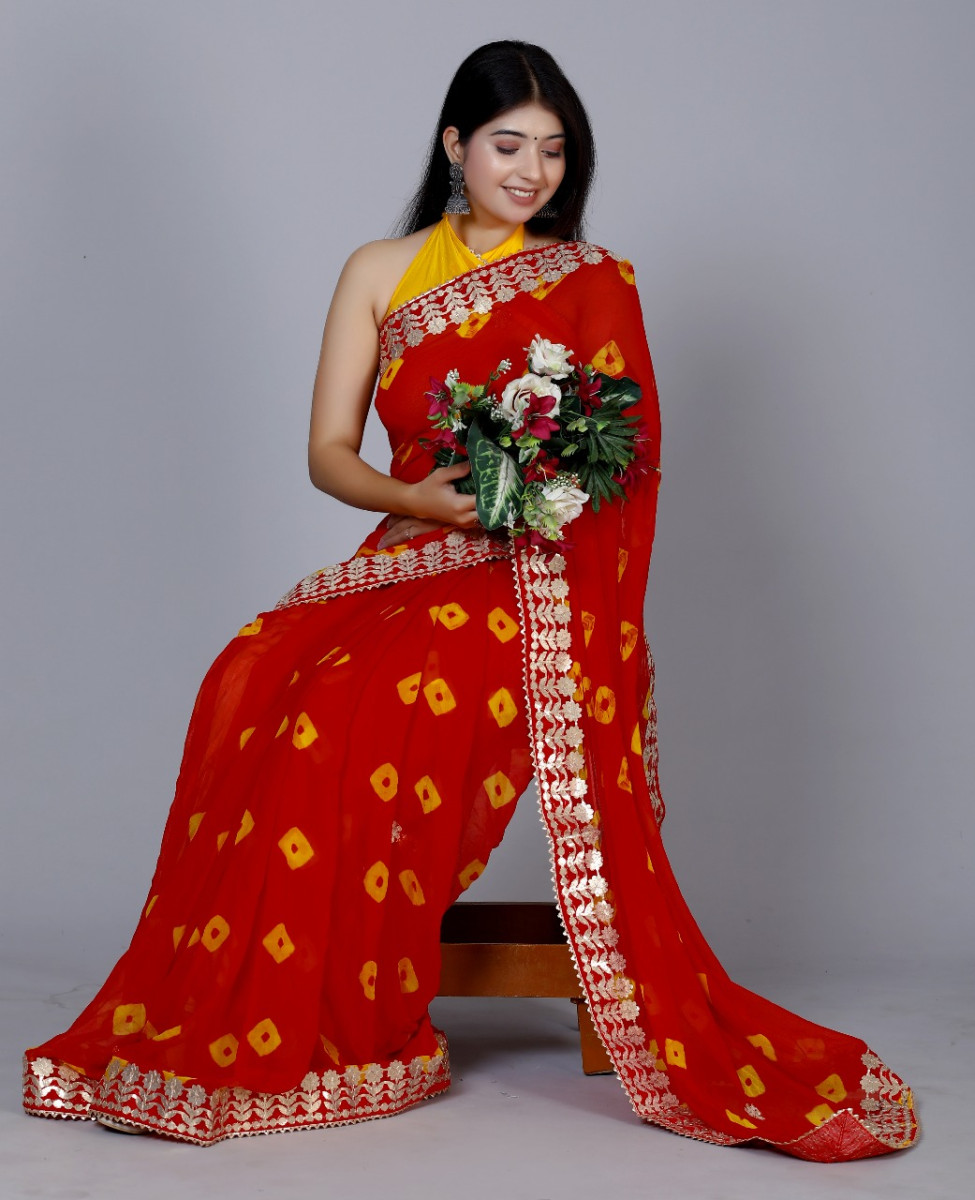 Trendy  Printed  Chiffon  Bandhini Gotta Patti Work Sarees For Women