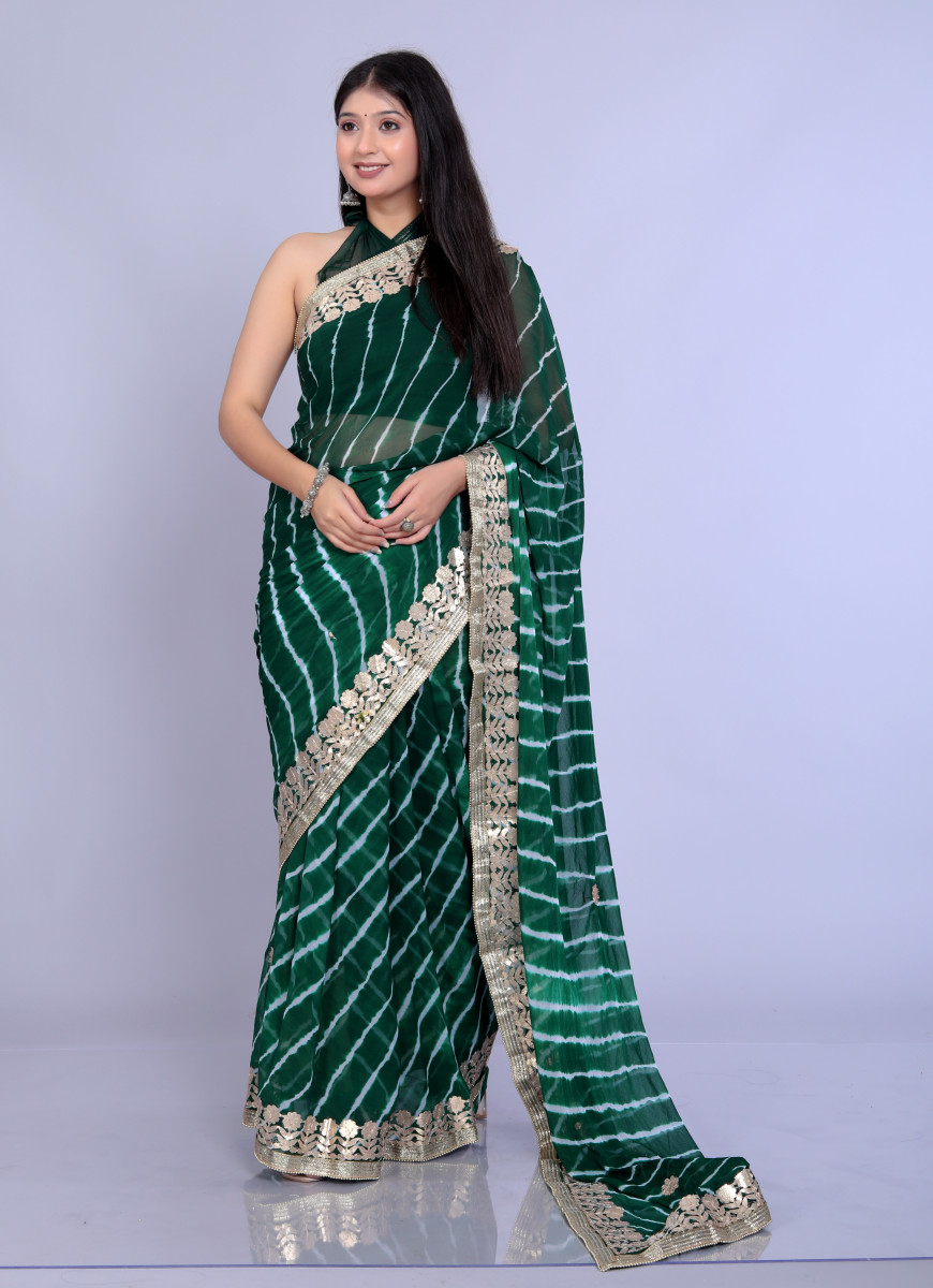 Pure Chiffon Gotta Patti Work Leheriya Designer Printed Sarees For Women