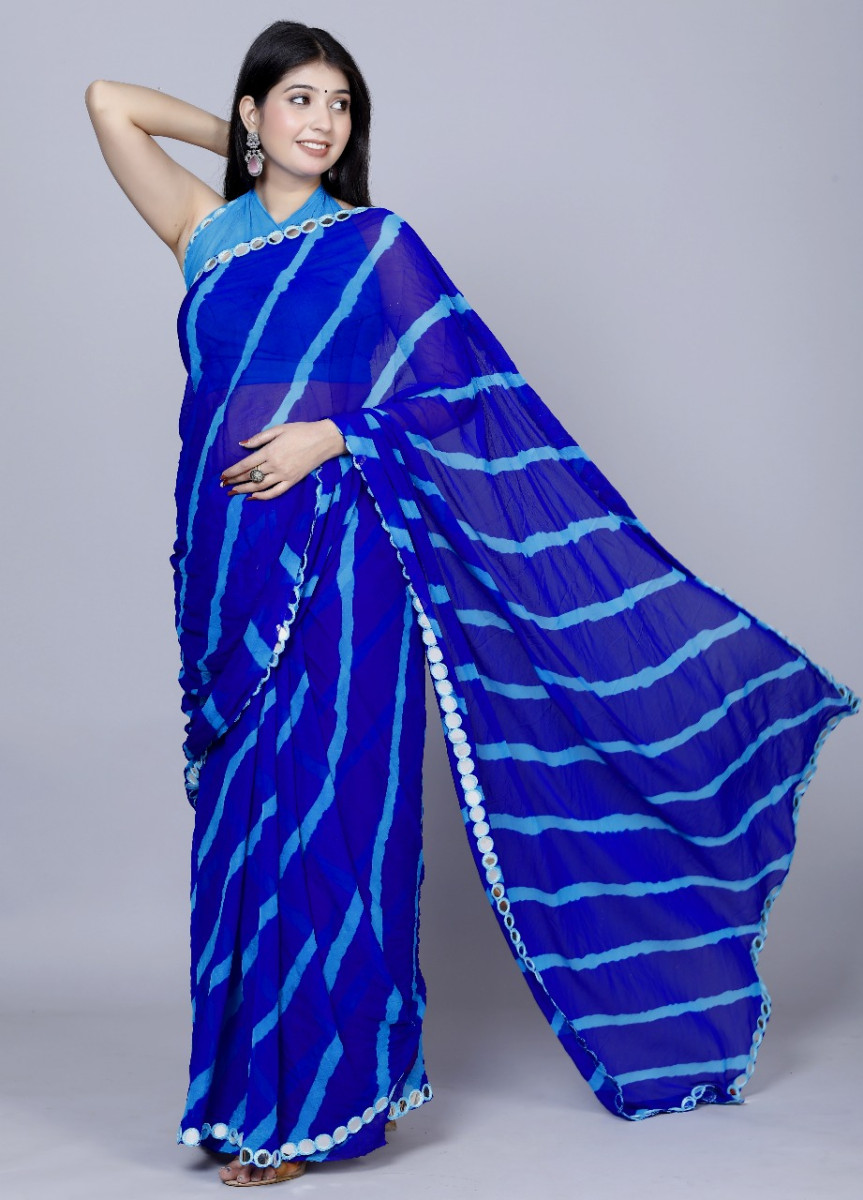 Pure Chiffon Leheriya Mirror Work Printed Work Sarees For Women