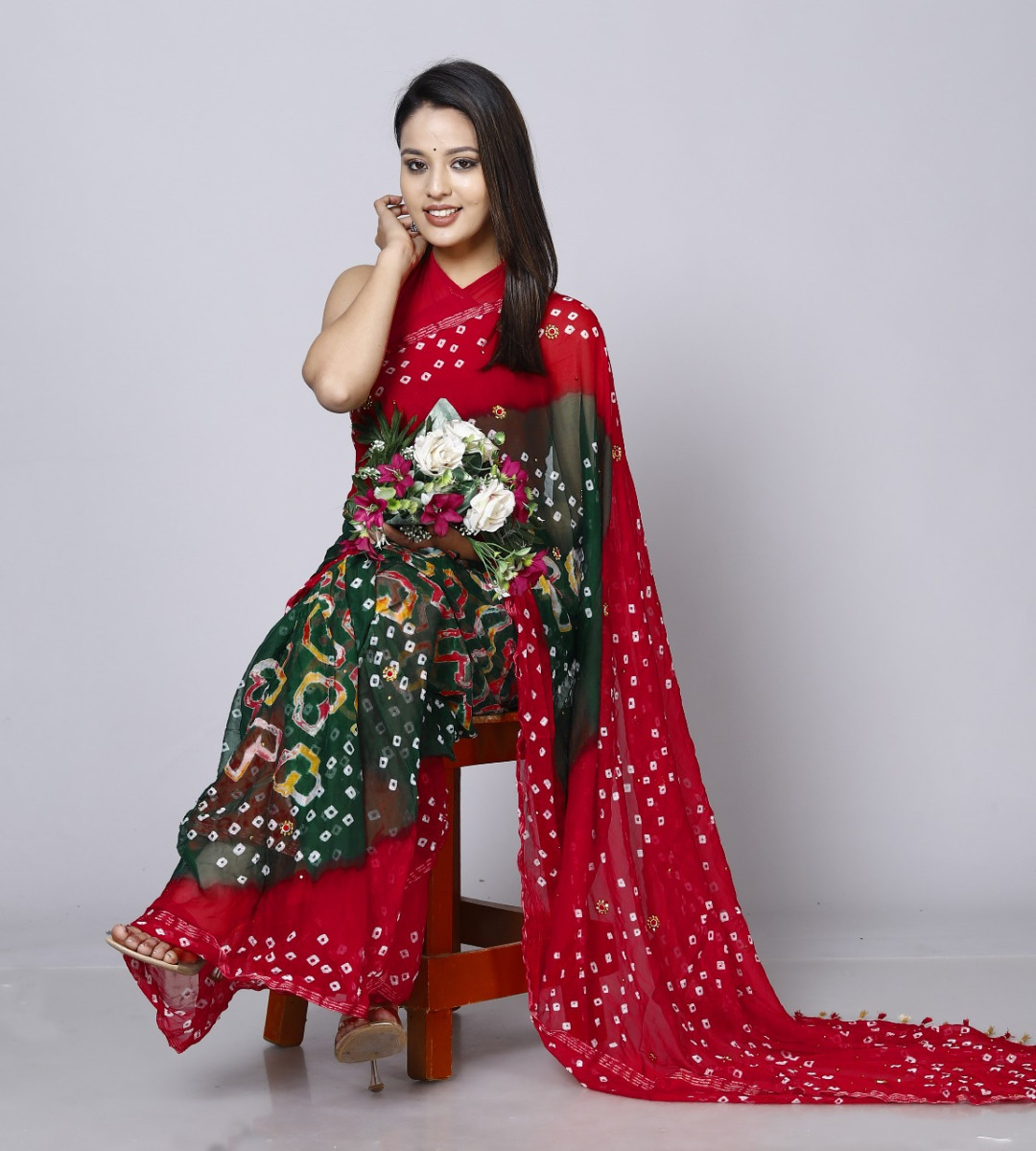 Pure Chiffon Bandhini Stone Work Printed Work Sarees For Women