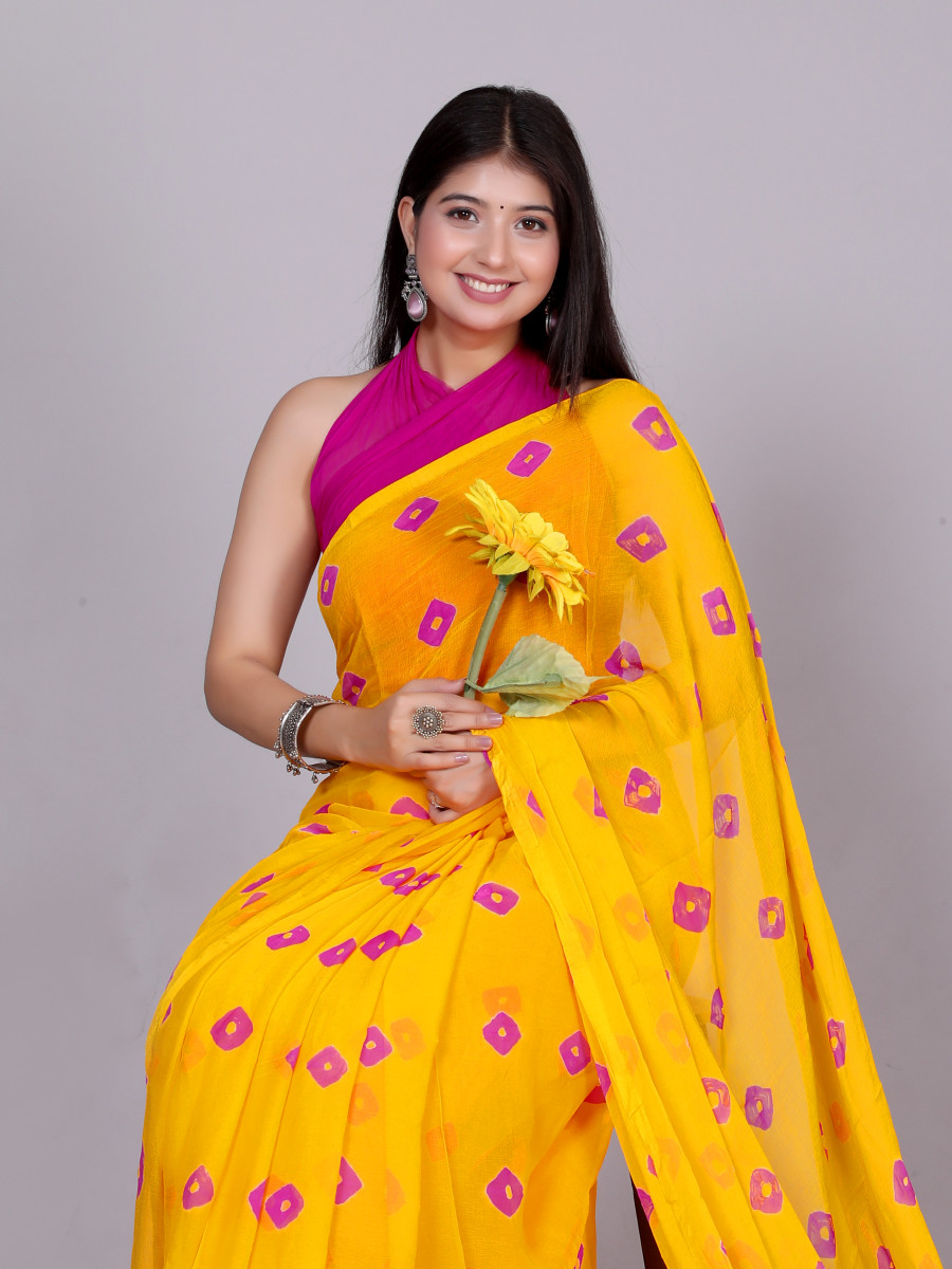 Bandhani Printed Chiffon Printed Yellow sarees For Women