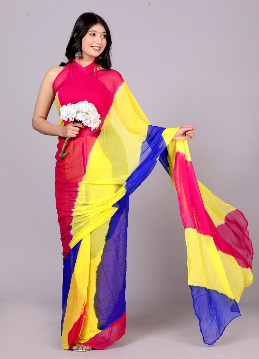 Pure Chiffon Leheriya Saree for Women – Multicolor Bollywood Printed Saree for Wedding, Party, Festive & Farewell | Traditional Designer Saree 