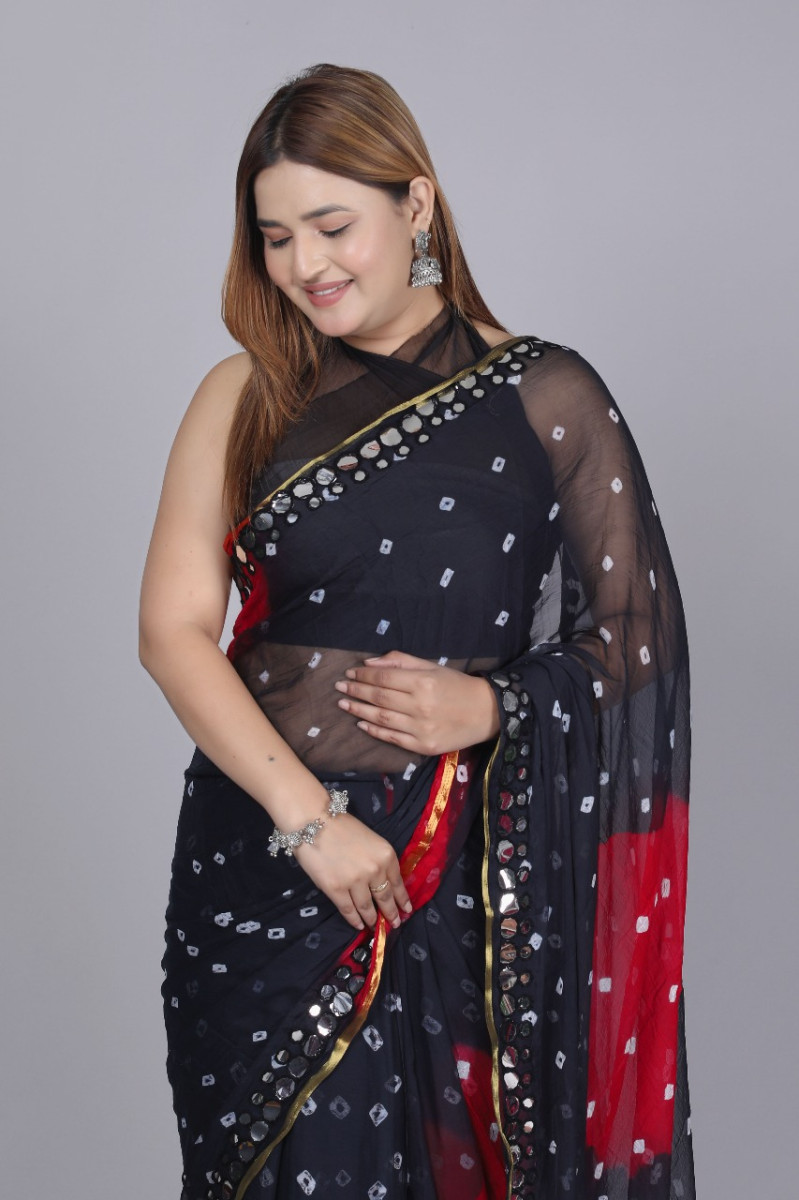 Pure Chiffon Printed Bandhani Printed Mirror Work Sarees For Women