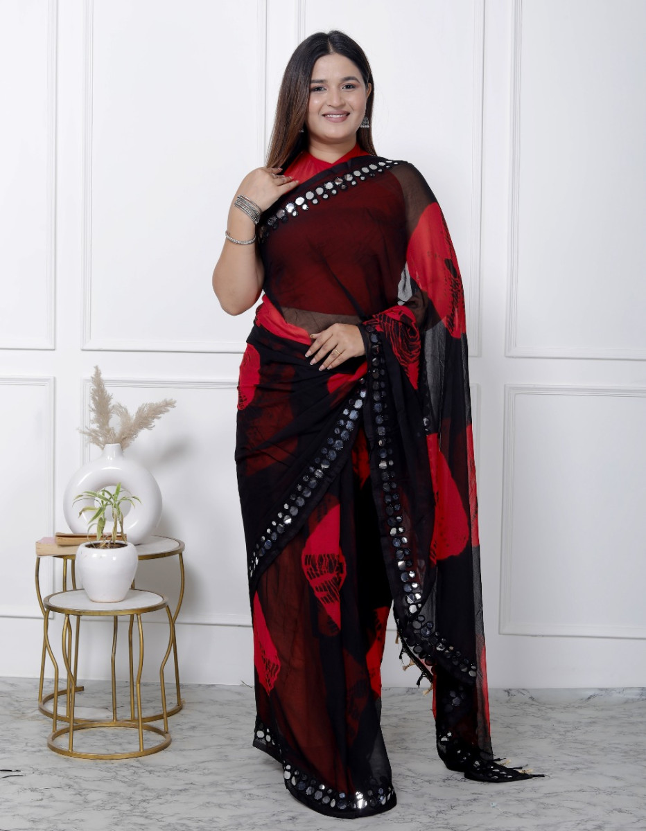 Pure Chiffon Mirror Work  Bandhani Printed Sarees For Women