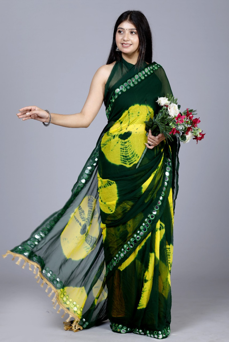 Pure Chiffon Mirror Work  Bandhani Printed Sarees For Women
