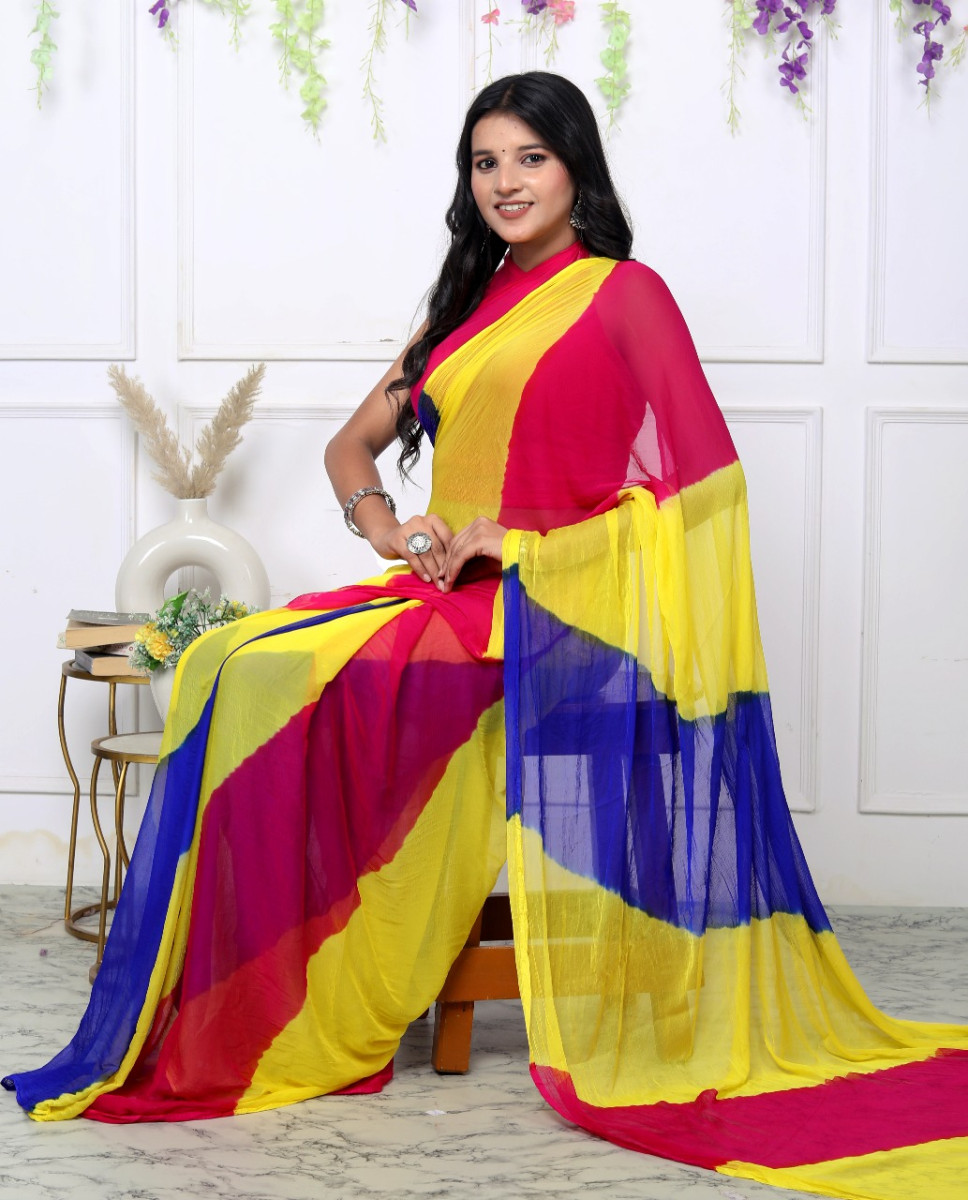 Pure Chiffon Leheriya Saree for Women – Multicolor Bollywood Printed Saree for Wedding, Party, Festive & Farewell | Traditional Designer Saree 