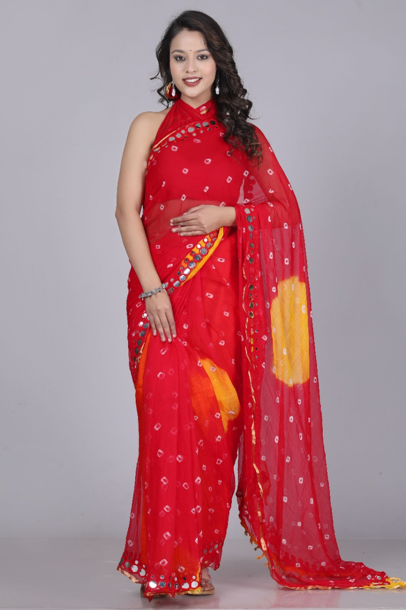 Pure Chiffon Printed Bandhani Printed Mirror Work Sarees For Women
