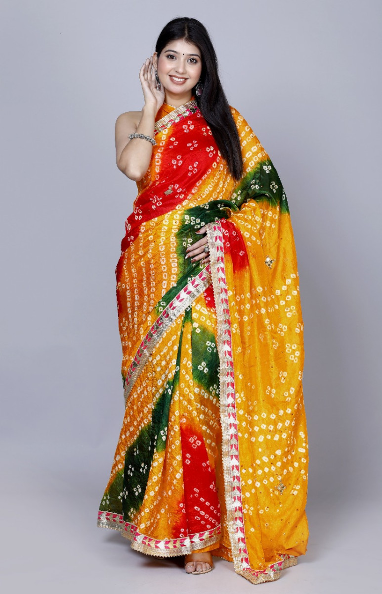Pure Chiffon Bandhini Stone  Work Printed Work Sarees For Women