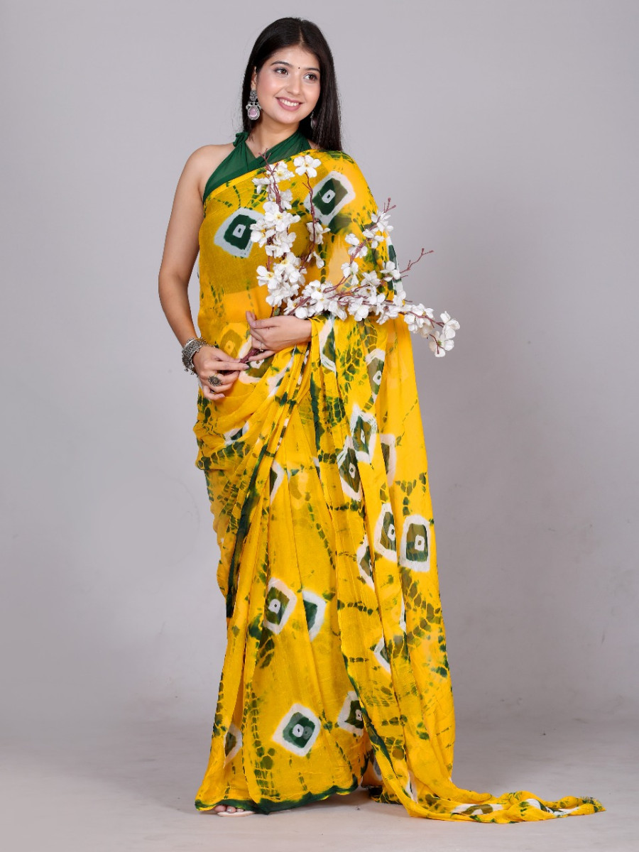 Bandhani Printed Chiffon Printed Yellow sarees For Women
