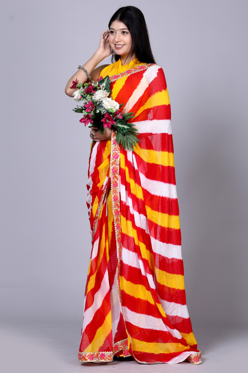 Pure Chiffon Leheriya Saree for Women – Bollywood Style Printed Lehaiya Saree with Embroidered Border | Party, Wedding & Festive Wear
