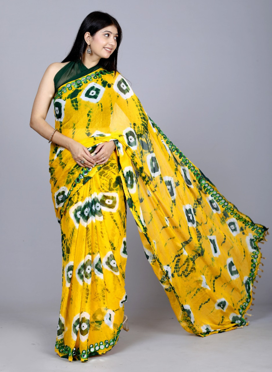 Pure Chiffon Mirror Work  Bandhani Printed Sarees For Women