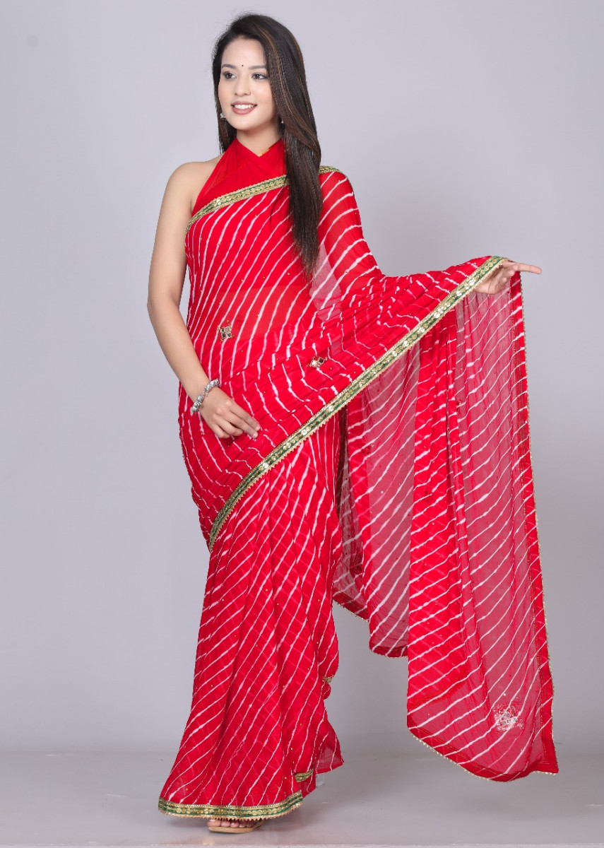 Pure Chiffon Printed Leheriya Printed Stone Work Sarees For Women