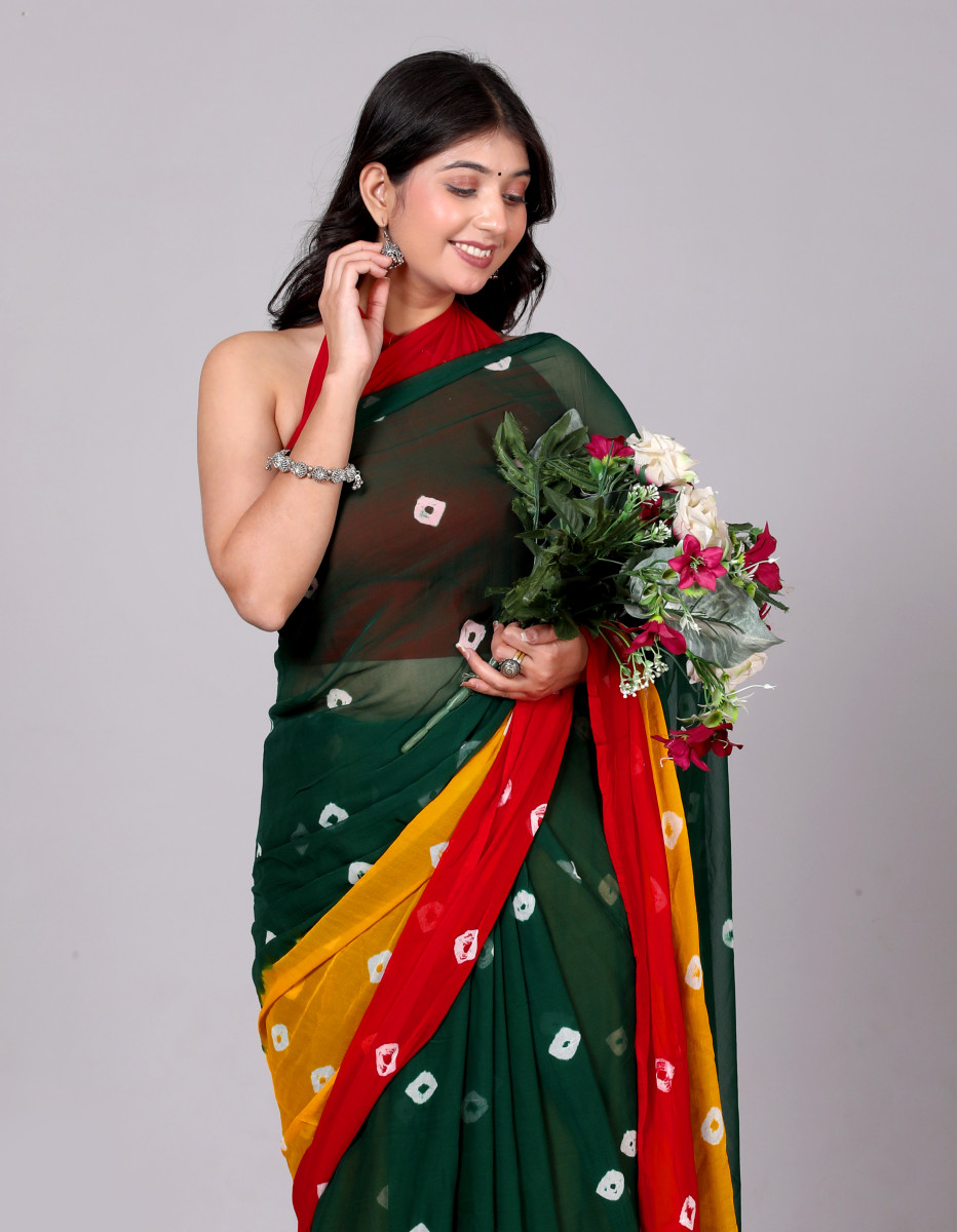 Bandhani Printed Chiffon Printed Red sarees For Women(Red,Yellow,Green)