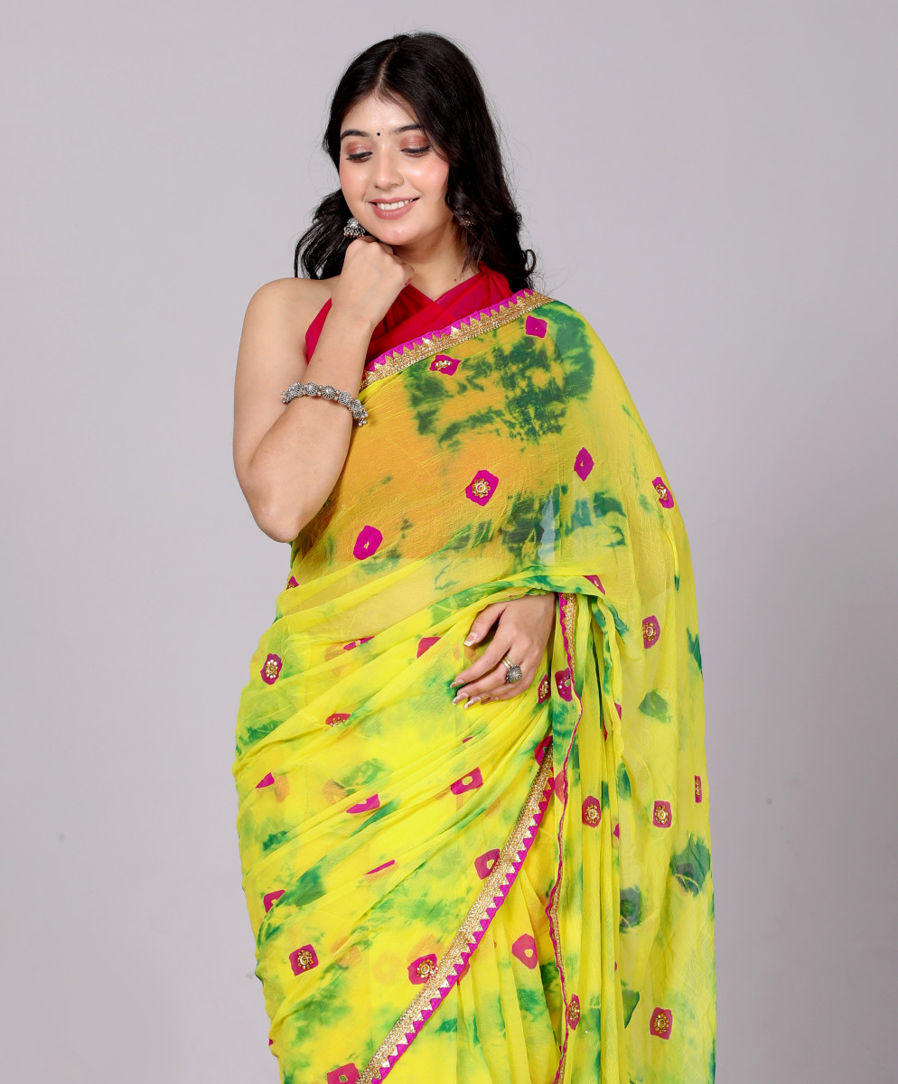 Bandhani Stone Work Printed Chiffon Printed  sarees For Women