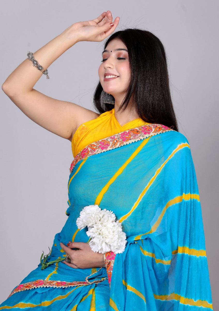 Pure Chiffon Leheriya Saree for Women – Bollywood Style Printed Lehariya Saree with Embroidered Border | Party, Wedding & Festive Wear 