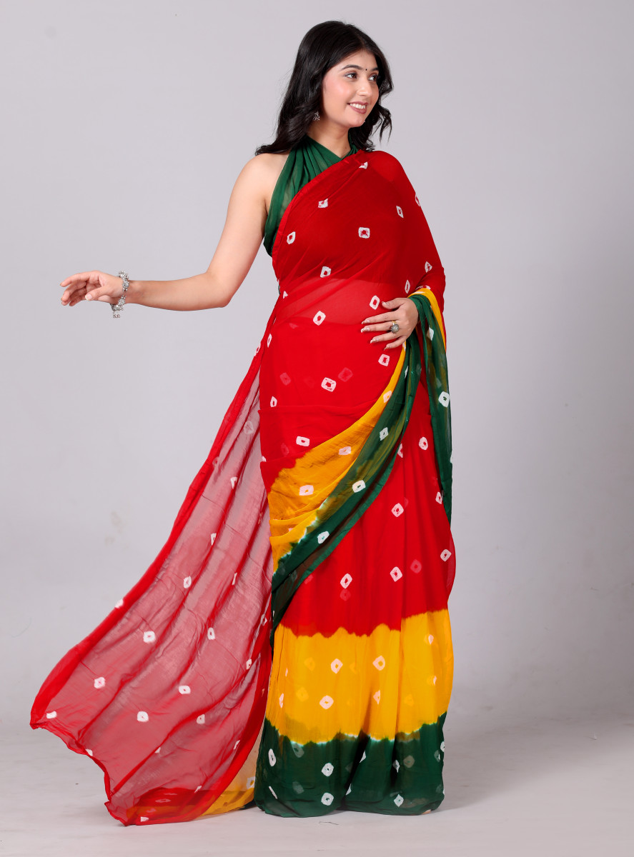 Bandhani Printed Chiffon Printed Red sarees For Women(Red,Yellow,Green)