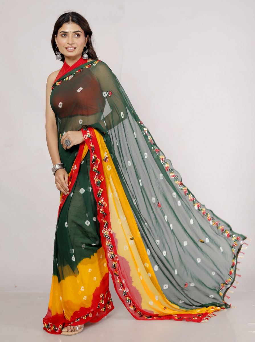 Chiffon Sarees for Women – Bandhani saree, Printed & Wedding Party Wear saree | Latest 2025 saree Collection, Green saree , Designer Saree For Wedding,, Perfect Sarees For Women Wedding , Sarees For F