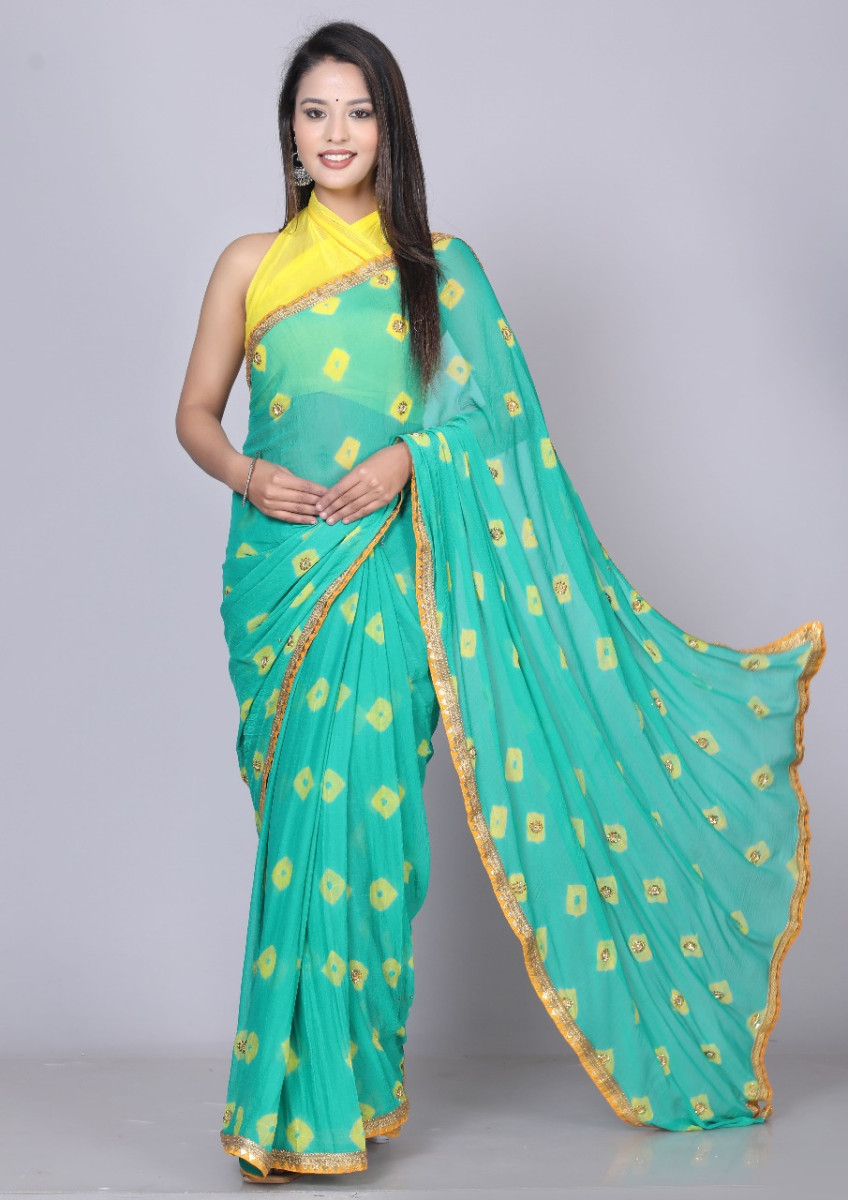 Pure Chiffon Printed Bandhani Printed Stone Work Sarees For Women