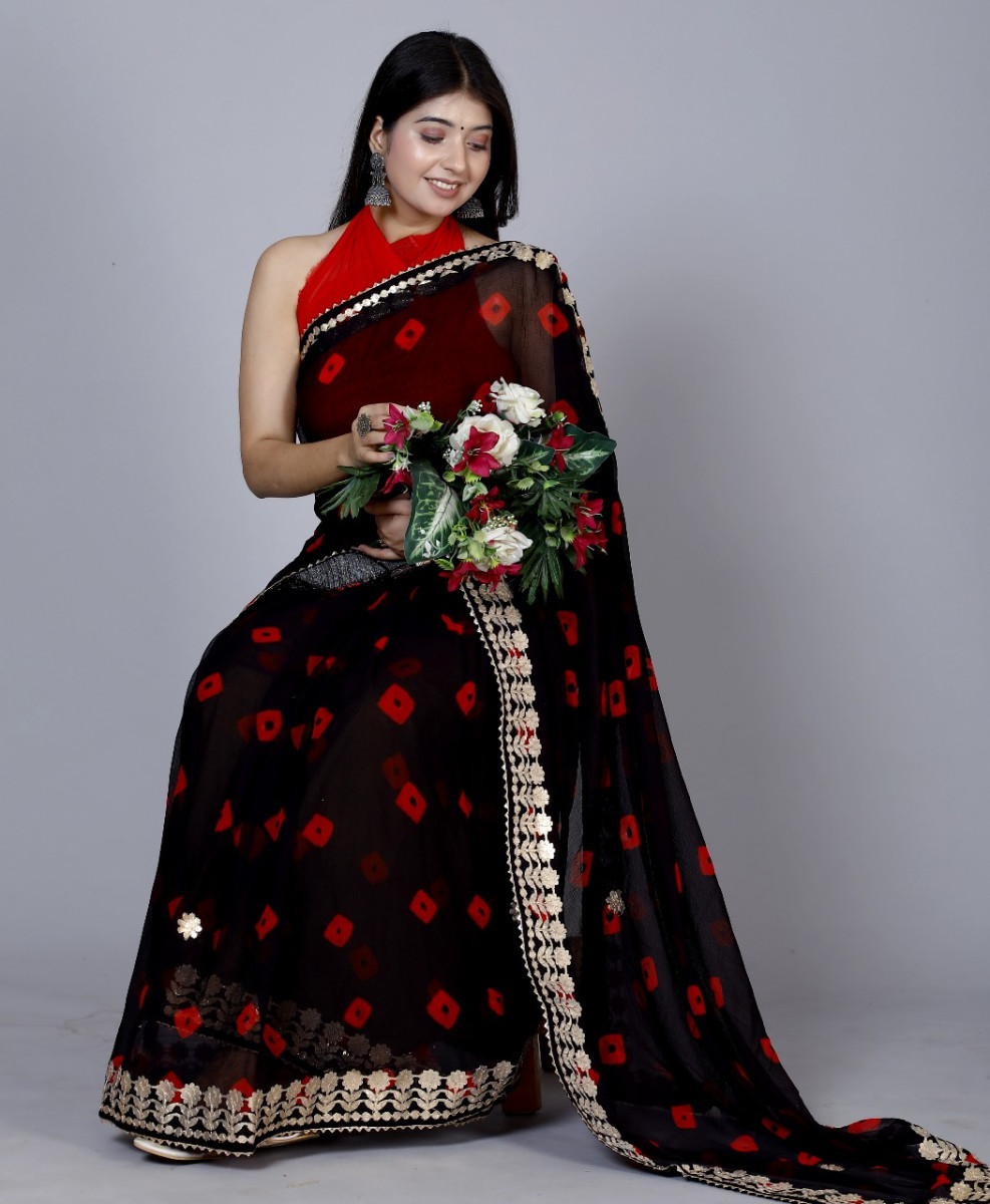 Trendy  Printed  Chiffon  Bandhini Gotta Patti Work Sarees For Women
