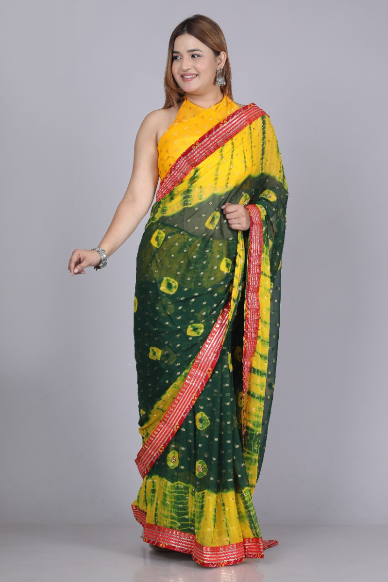 Pure Chiffon Printed Bandhani Printed Stone Work Sarees For Women