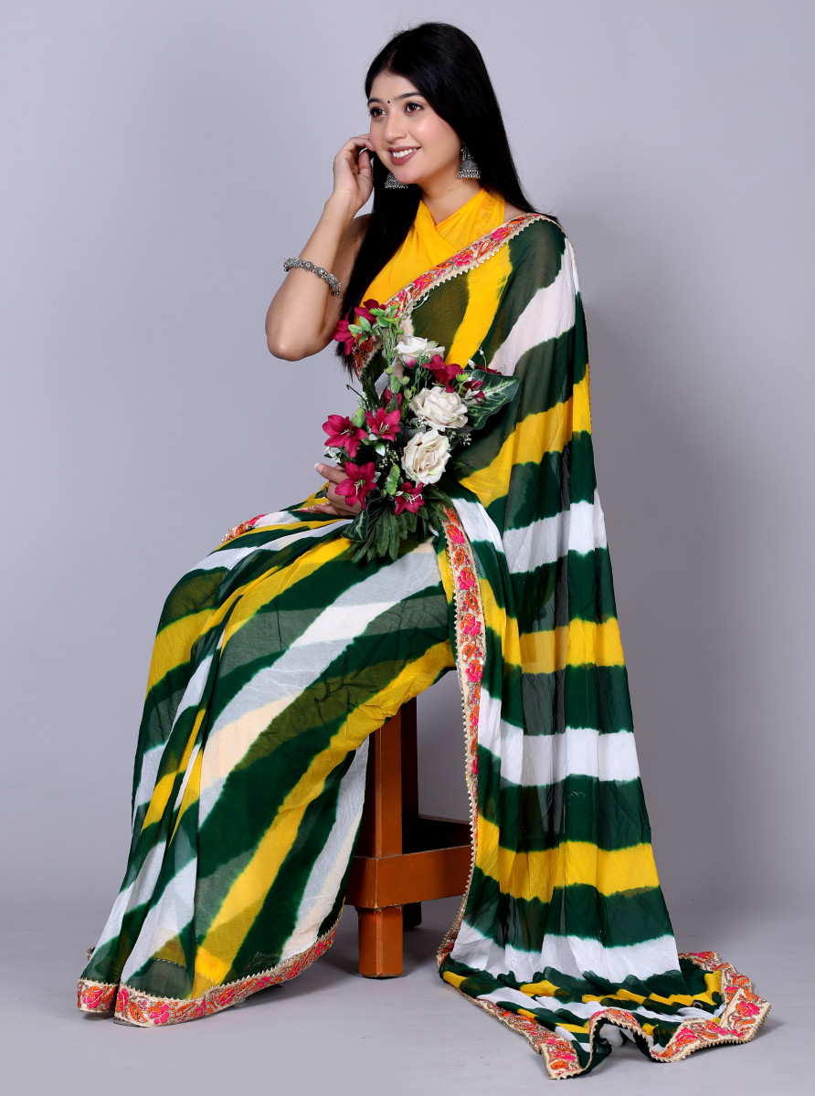Pure Chiffon Leheriya Saree for Women – Bollywood Style Printed Lehaiya Saree with Embroidered Border | Party, Wedding & Festive Wear