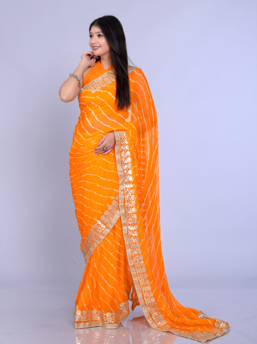 Pure Chiffon Gotta Patti Work Leheriya Designer Printed Sarees For Women